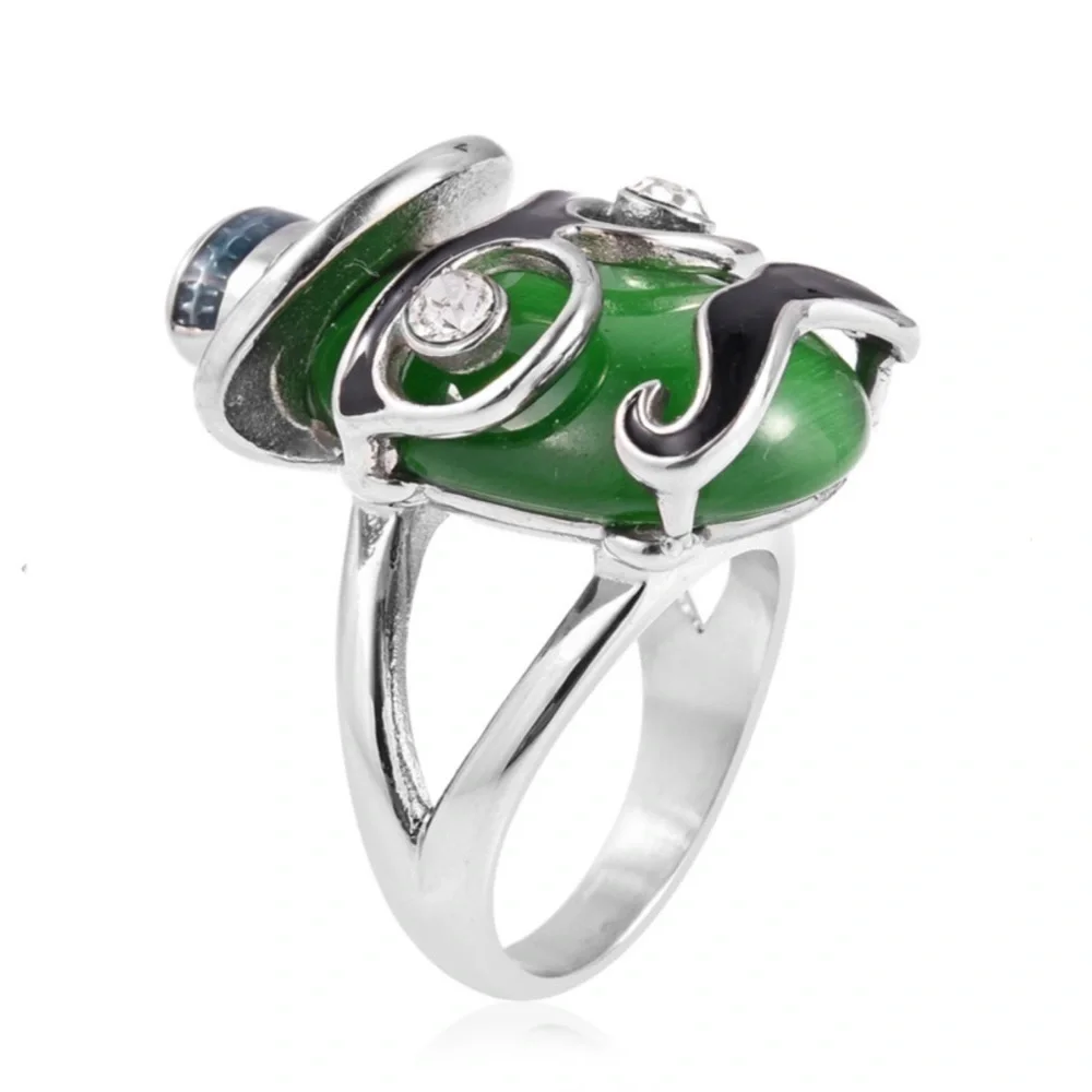 Simulated Green Cats Eye, Austrian Crystal Ring